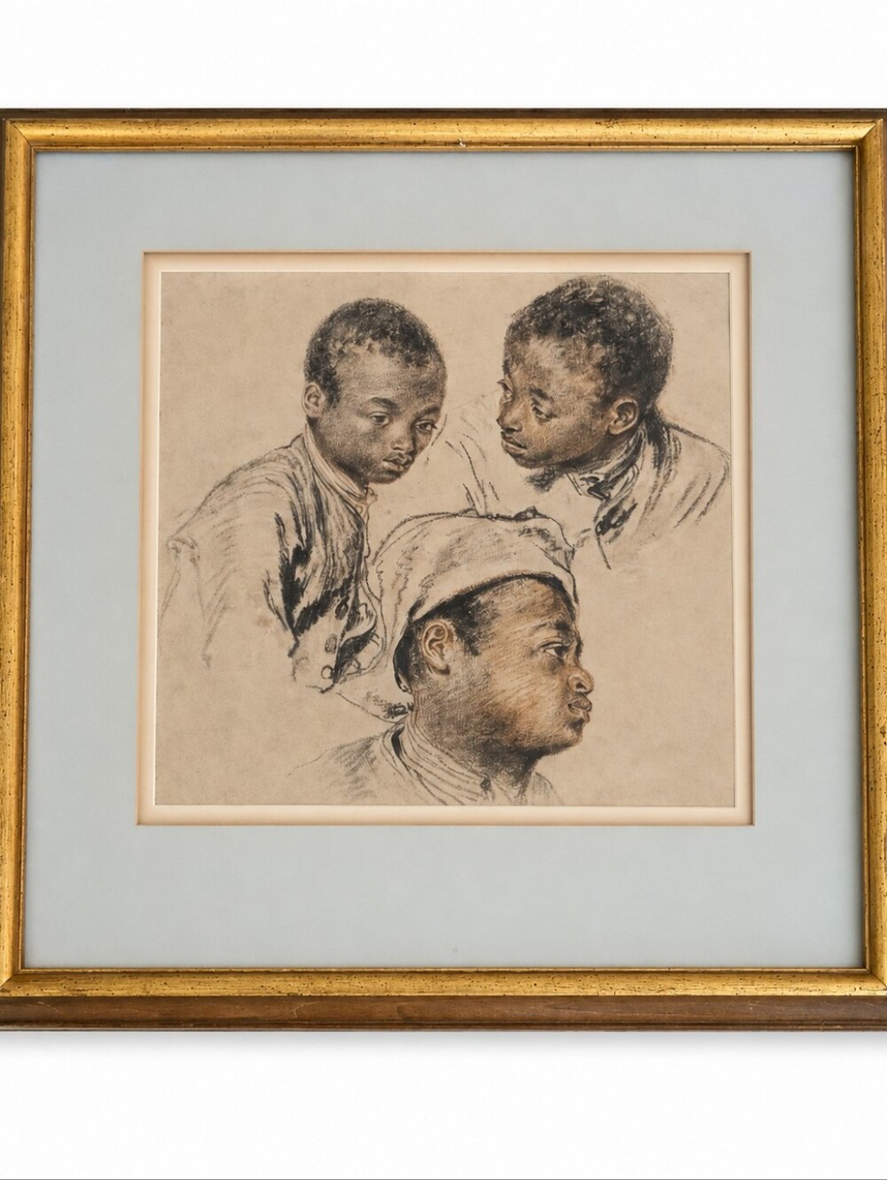 Jean Antoine Watteau Three Studies Head of Black Boy Framed Lithograph Print